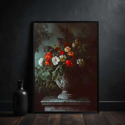 Framed artwork of a floral arrangement in a dark room with a black vase.