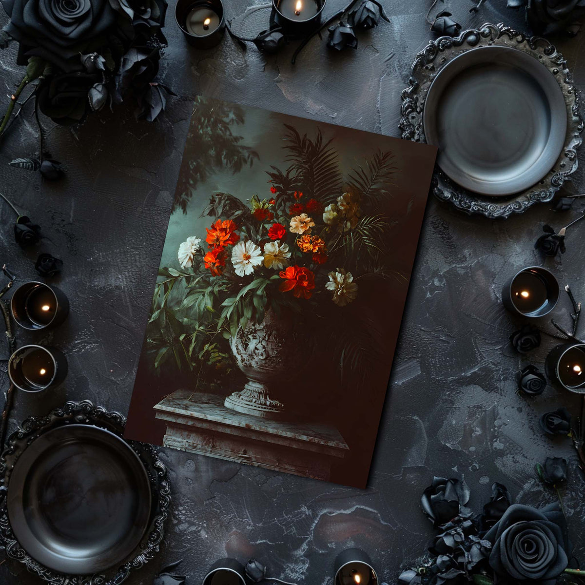 Still life arrangement with flowers, candles, and decorative plates on a dark surface.
