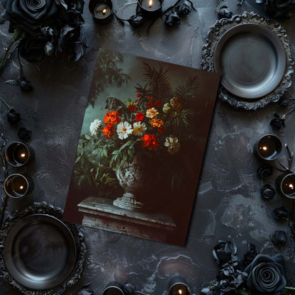 Still life arrangement with flowers, candles, and decorative plates on a dark surface.