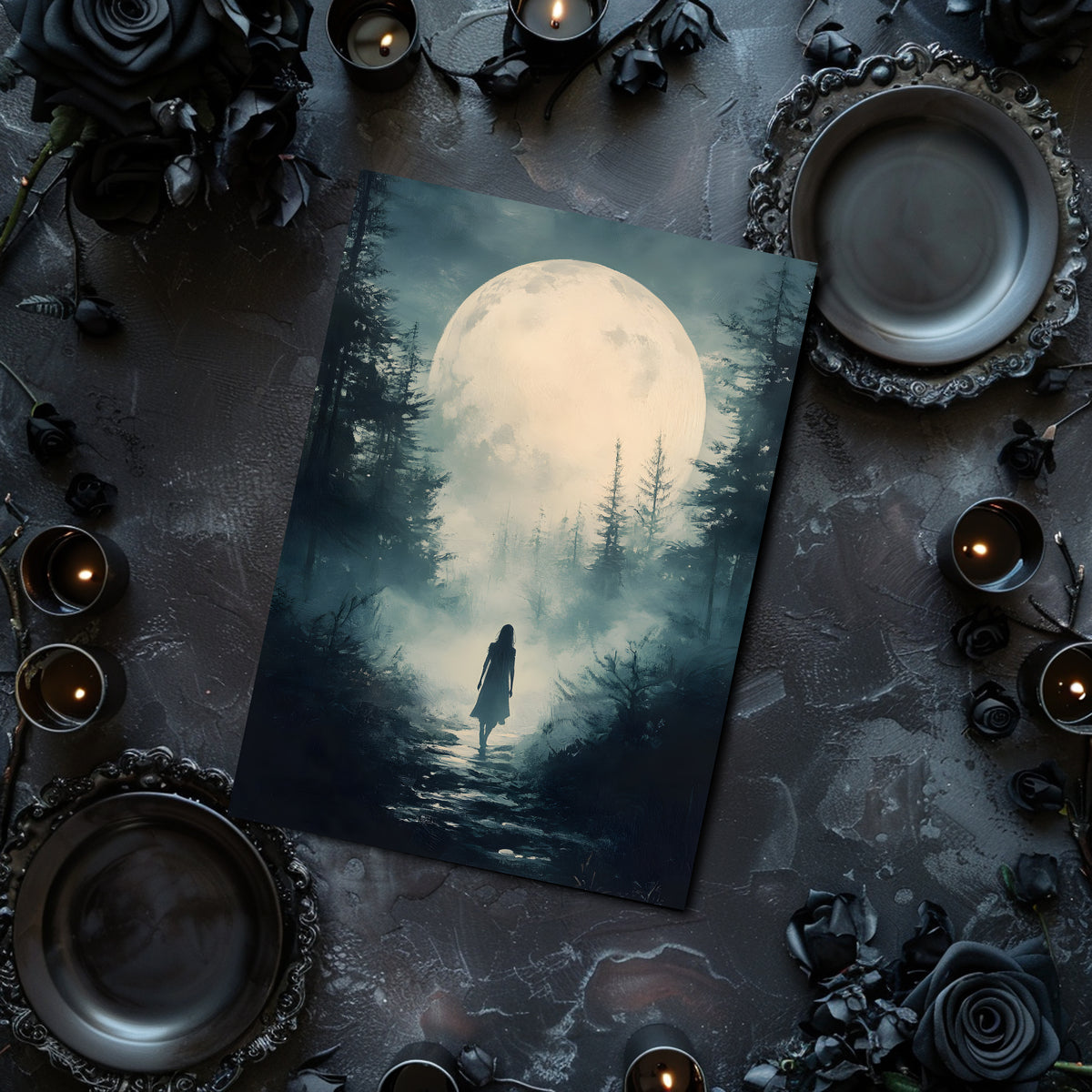 Framed artwork of a person walking in a forest under a large moon, surrounded by candles and decorative elements on a dark surface.