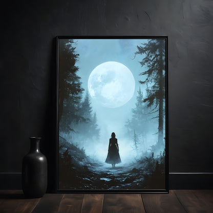 Framed artwork of a silhouette of a person in a forest under a large moon.