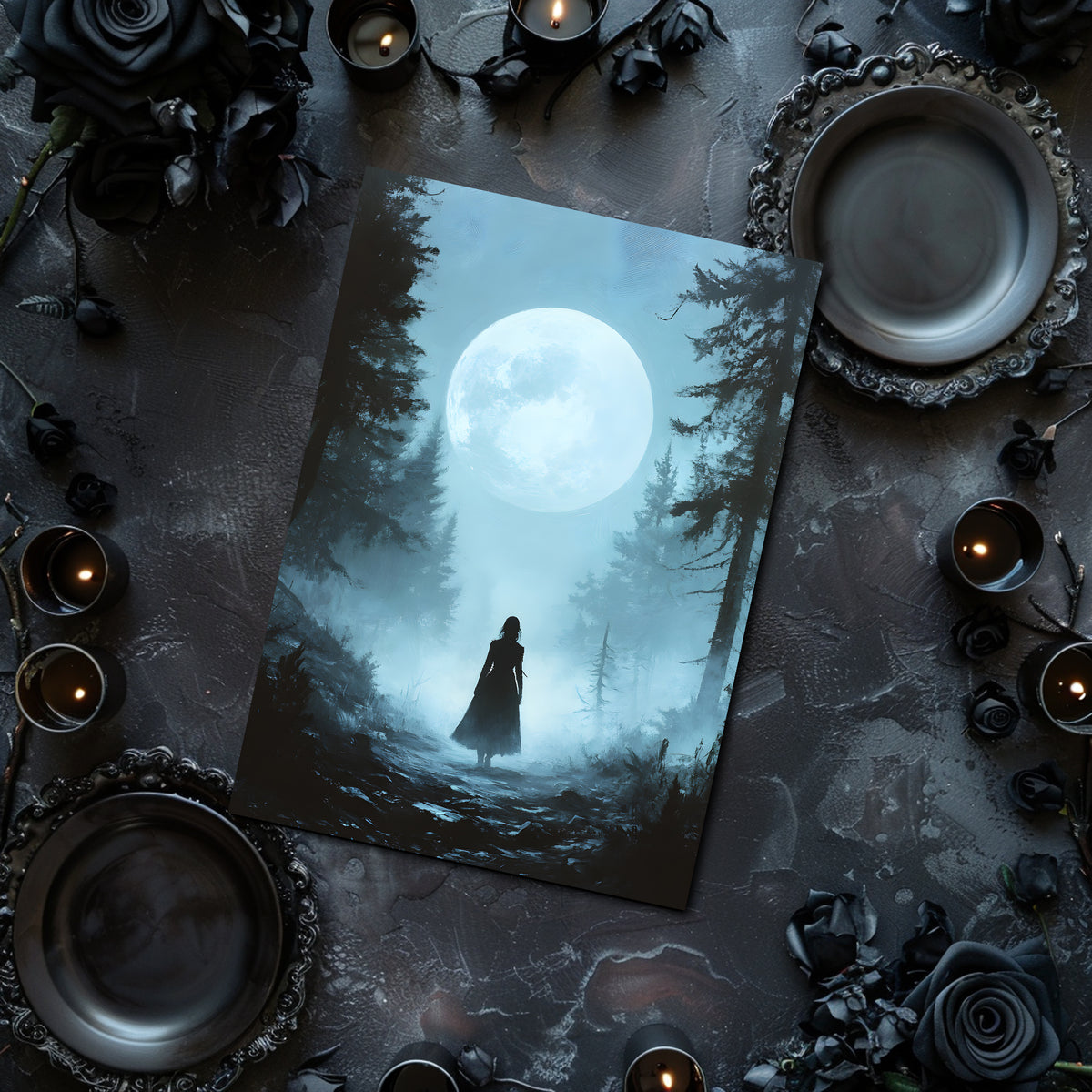 Silhouette of a woman in a forest with a full moon surrounded by candles and dark flowers on a textured surface.