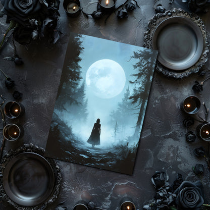 Silhouette of a woman in a forest with a full moon surrounded by candles and dark flowers on a textured surface.