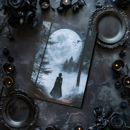 Silhouette of a person in a dark forest with a full moon, surrounded by candles and decorative elements on a dark surface.