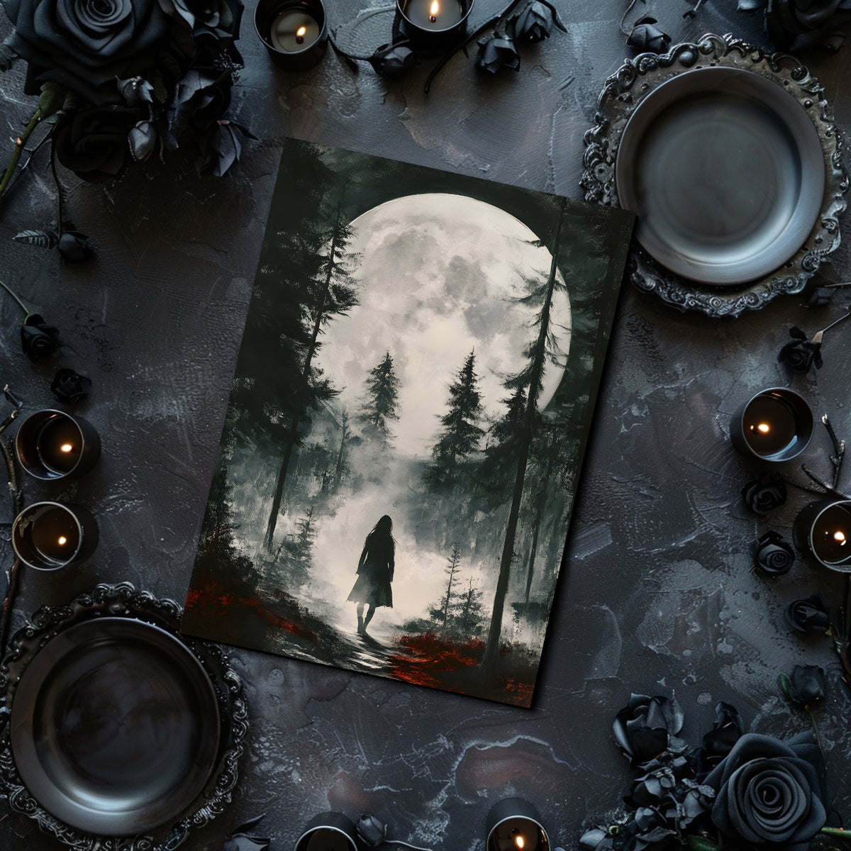 Gothic-style table setting with a forest scene print, candles, and dark roses on a textured surface.