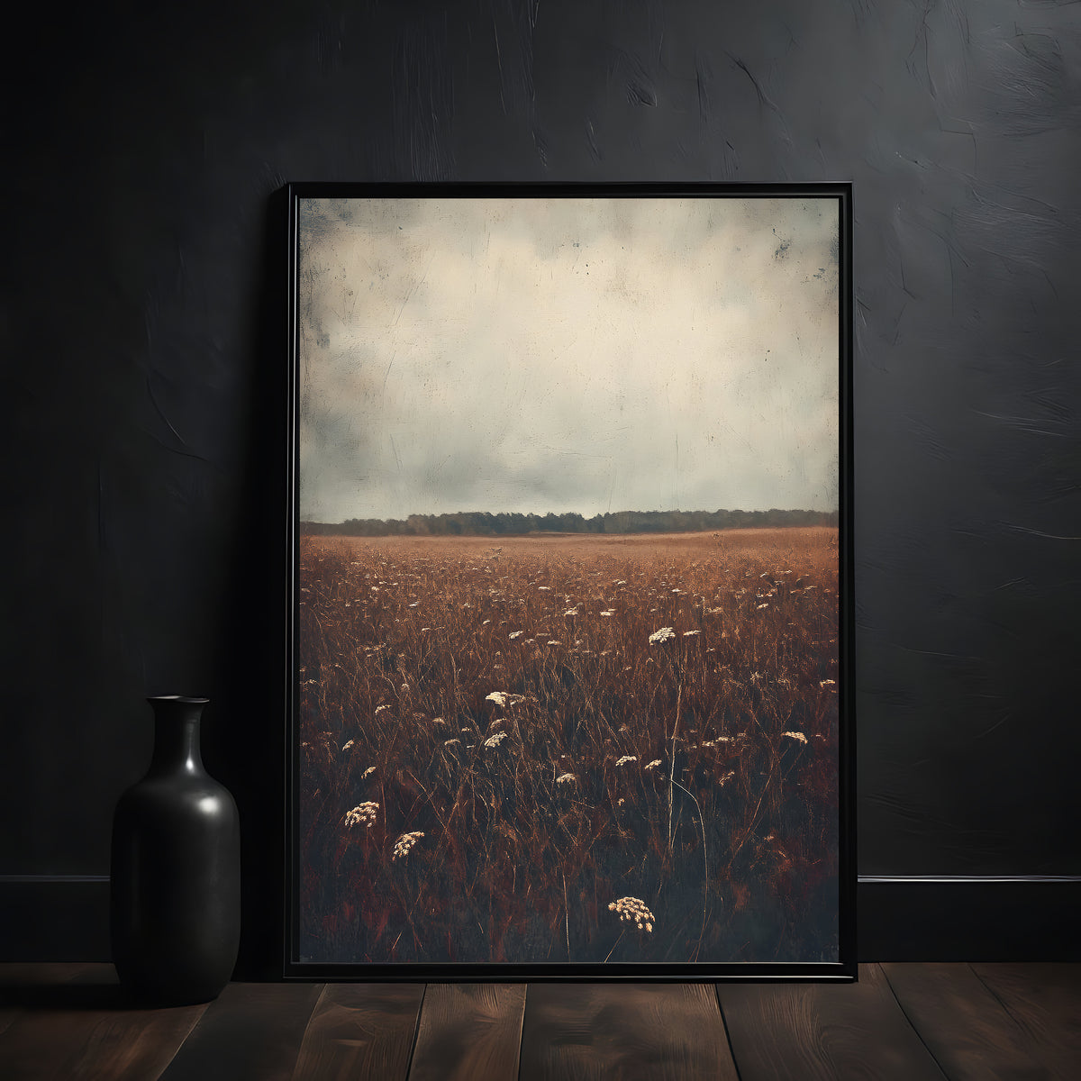 dark academia countryside field art print in  black frame