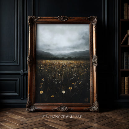 Framed artwork of a landscape with mountains and field, displayed in a room with dark walls and wooden floor dark academia