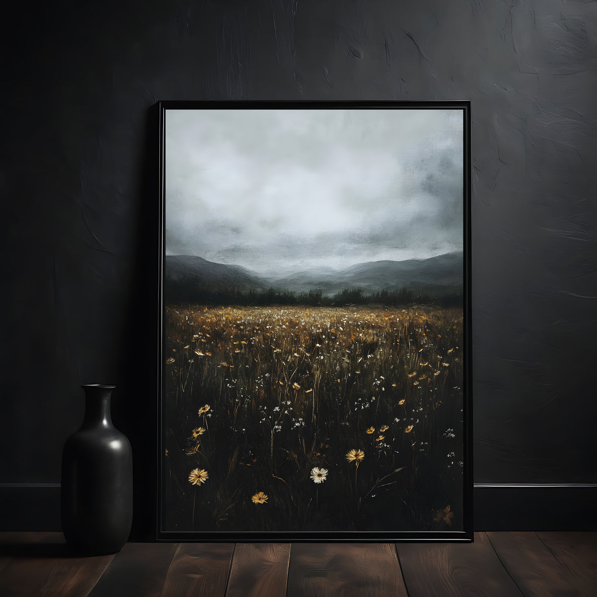 Framed artwork of a field with flowers and mountains on a dark wall dark academia