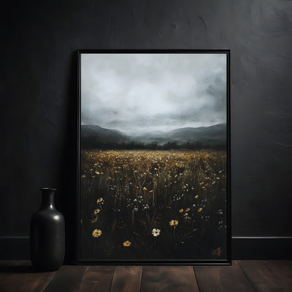 Framed artwork of a field with flowers and mountains on a dark wall dark academia
