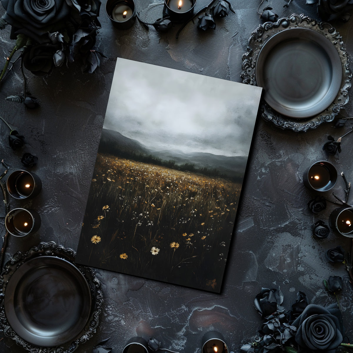 Artistic print of a landscape with candles and dark roses on a dark surface dark academia