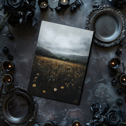 Artistic print of a landscape with candles and dark roses on a dark surface dark academia