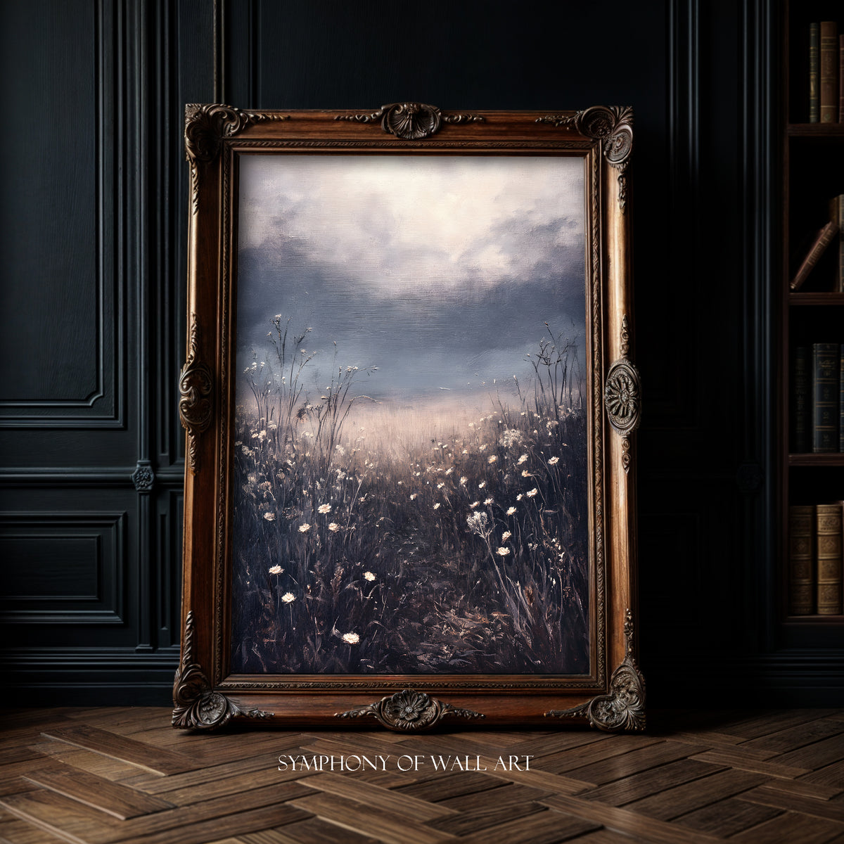Framed artwork of a landscape with flowers on a dark wall.