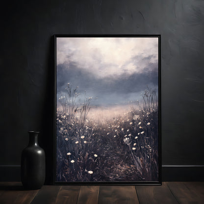 Framed artwork of a field with flowers and clouds on a dark wall.