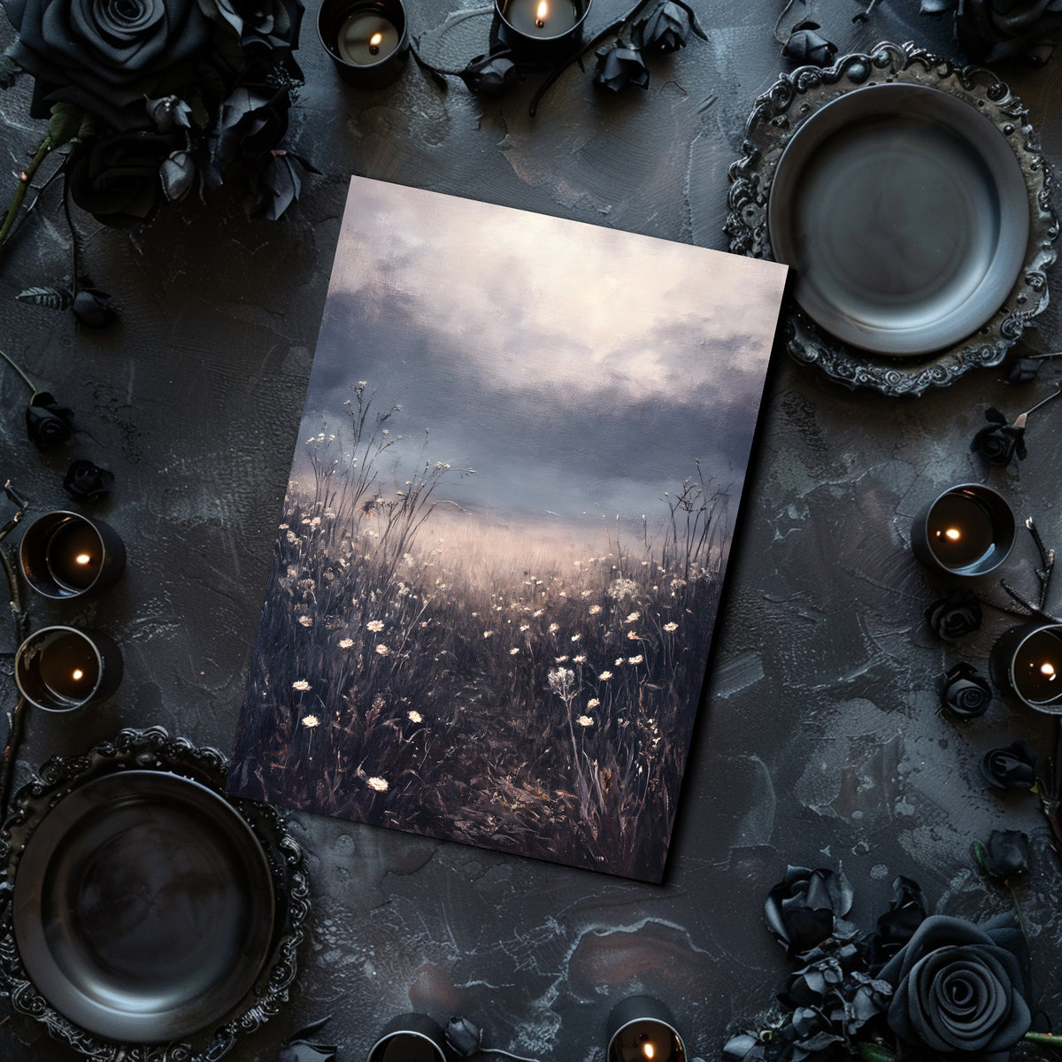 Greeting card with nature design surrounded by candles and dark flowers on a textured surface