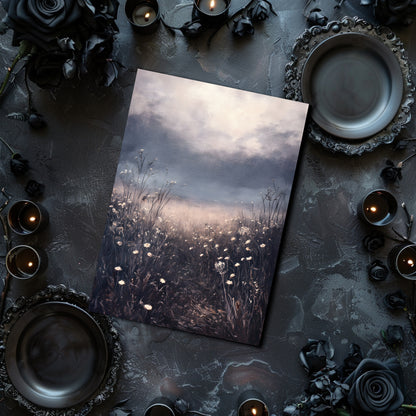 Greeting card with nature design surrounded by candles and dark flowers on a textured surface