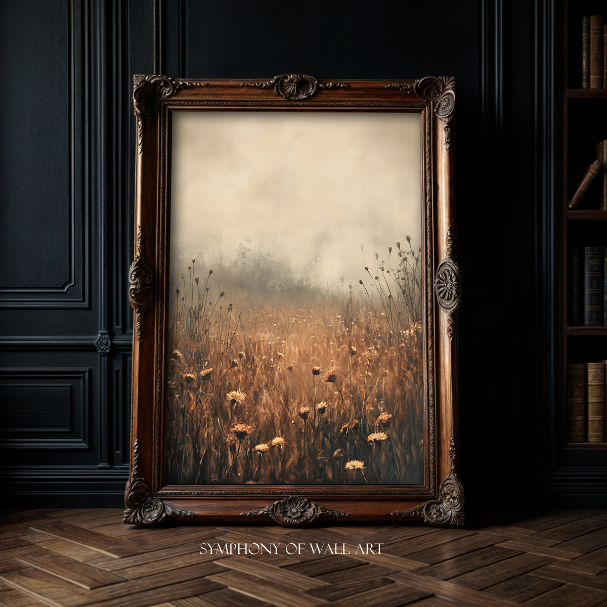 Decorative painting of a autumn field with a wooden frame on a dark wall.