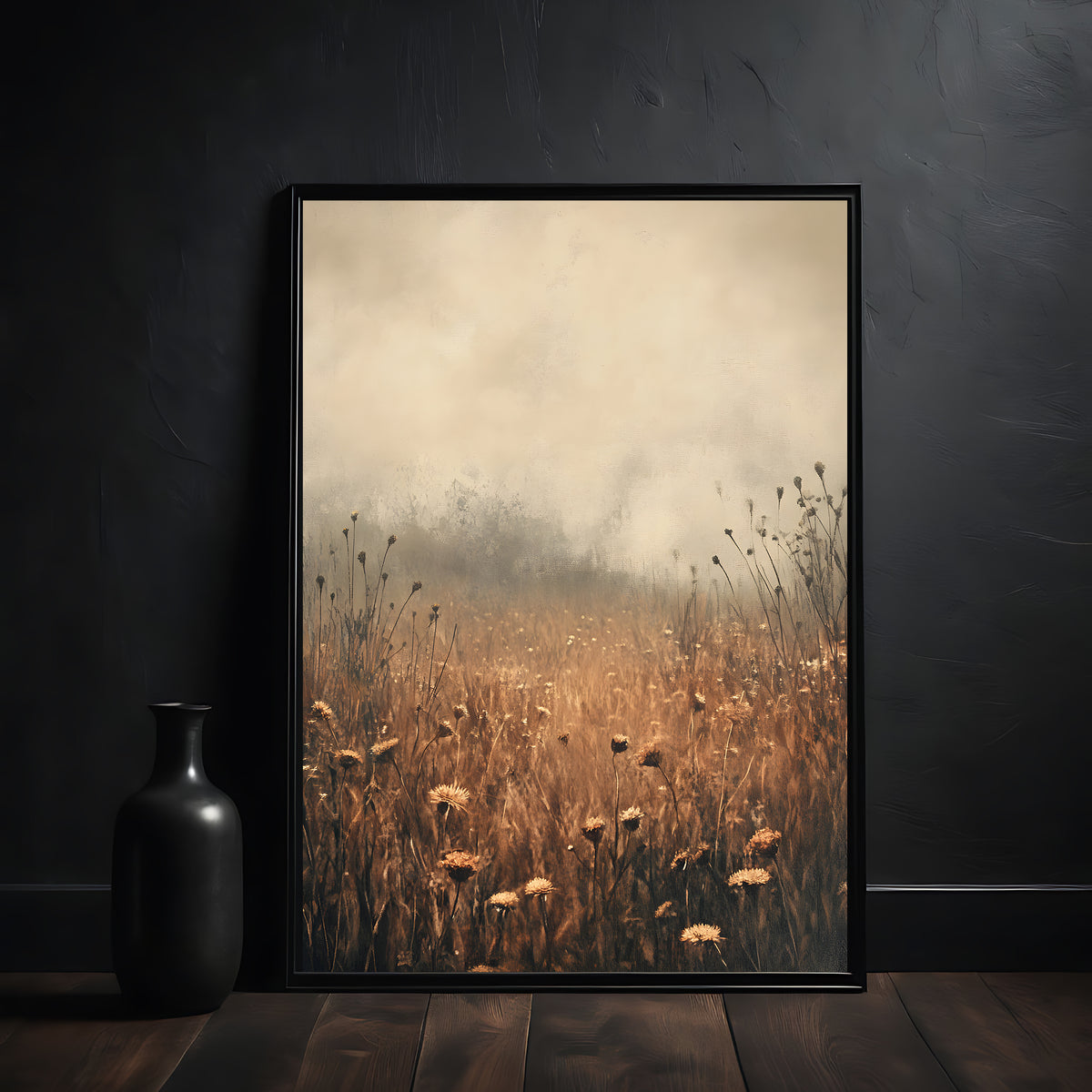 Decorative painting of a autumn field with a wooden frame on a dark wall.