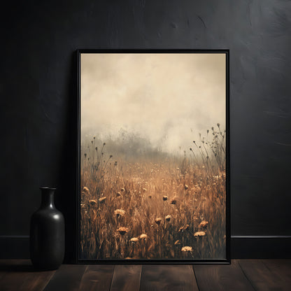 Decorative painting of a autumn field with a wooden frame on a dark wall.