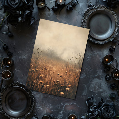 Decorative table setting with a metallic card, candles, and black roses on a dark surface. Decorative painting of a autumn field with a wooden frame on a dark wall.