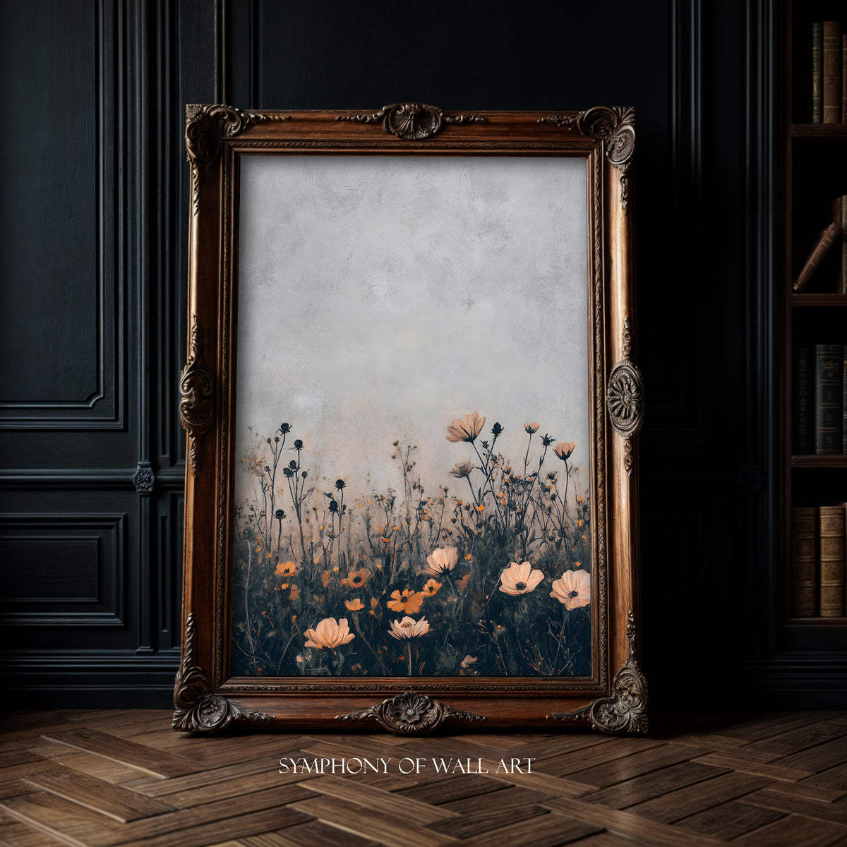 Decorative framed artwork of a summer field floral scene on a dark wall.