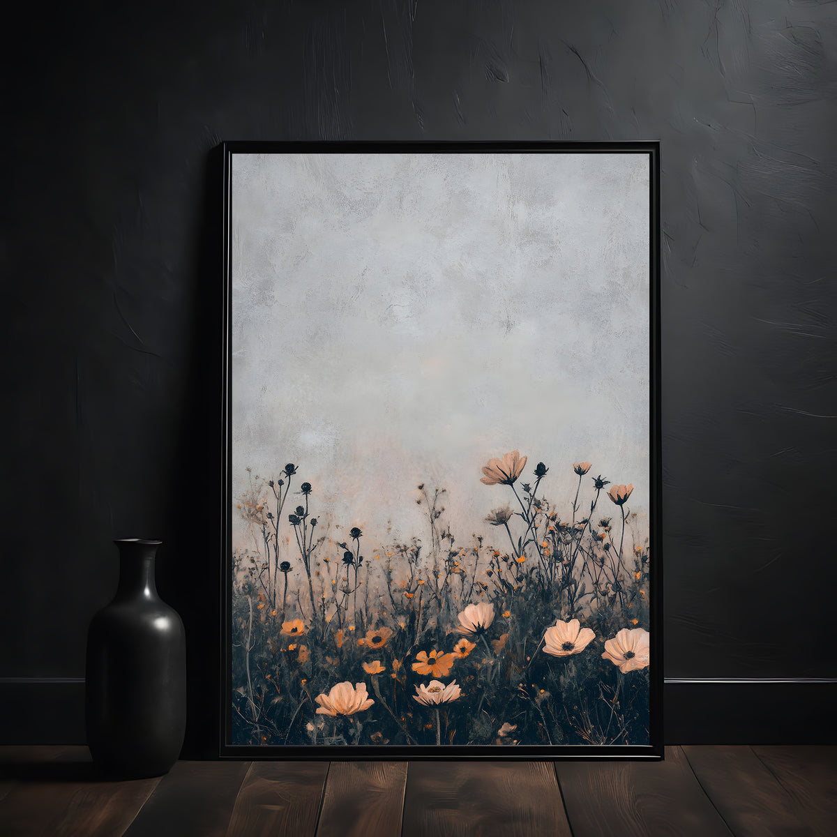 Decorative framed artwork of a summer field floral scene on a dark wall.