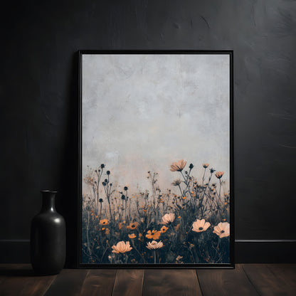 Decorative framed artwork of a summer field floral scene on a dark wall.