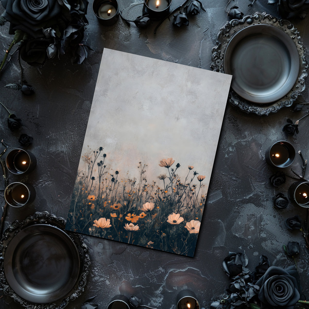 Decorative framed artwork of a summer field floral scene on a dark wall.
