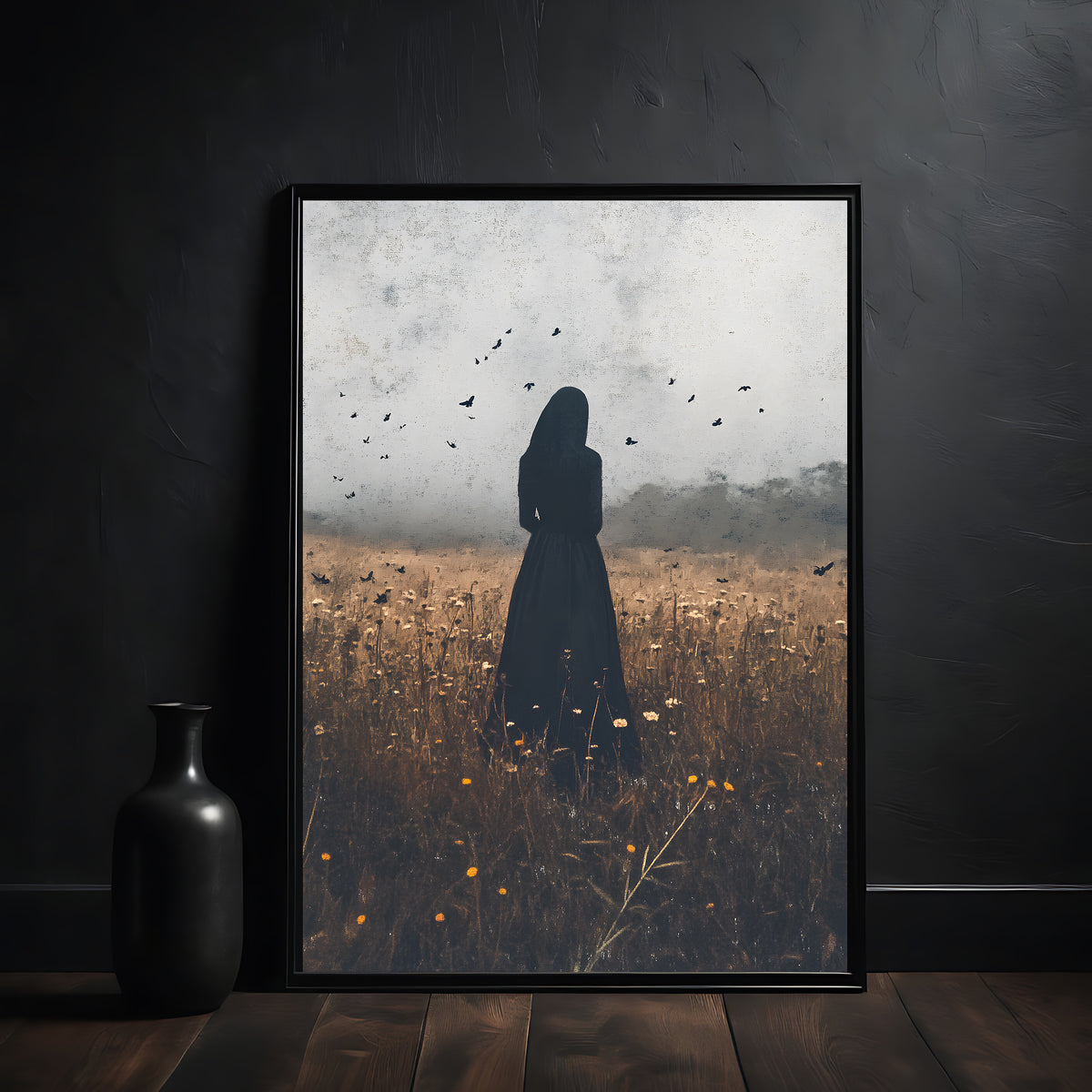 Framed artwork of a silhouette of woman in the black in a autumn field with birds, displayed on a dark wall.