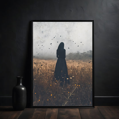 Framed artwork of a silhouette of woman in the black in a autumn field with birds, displayed on a dark wall.