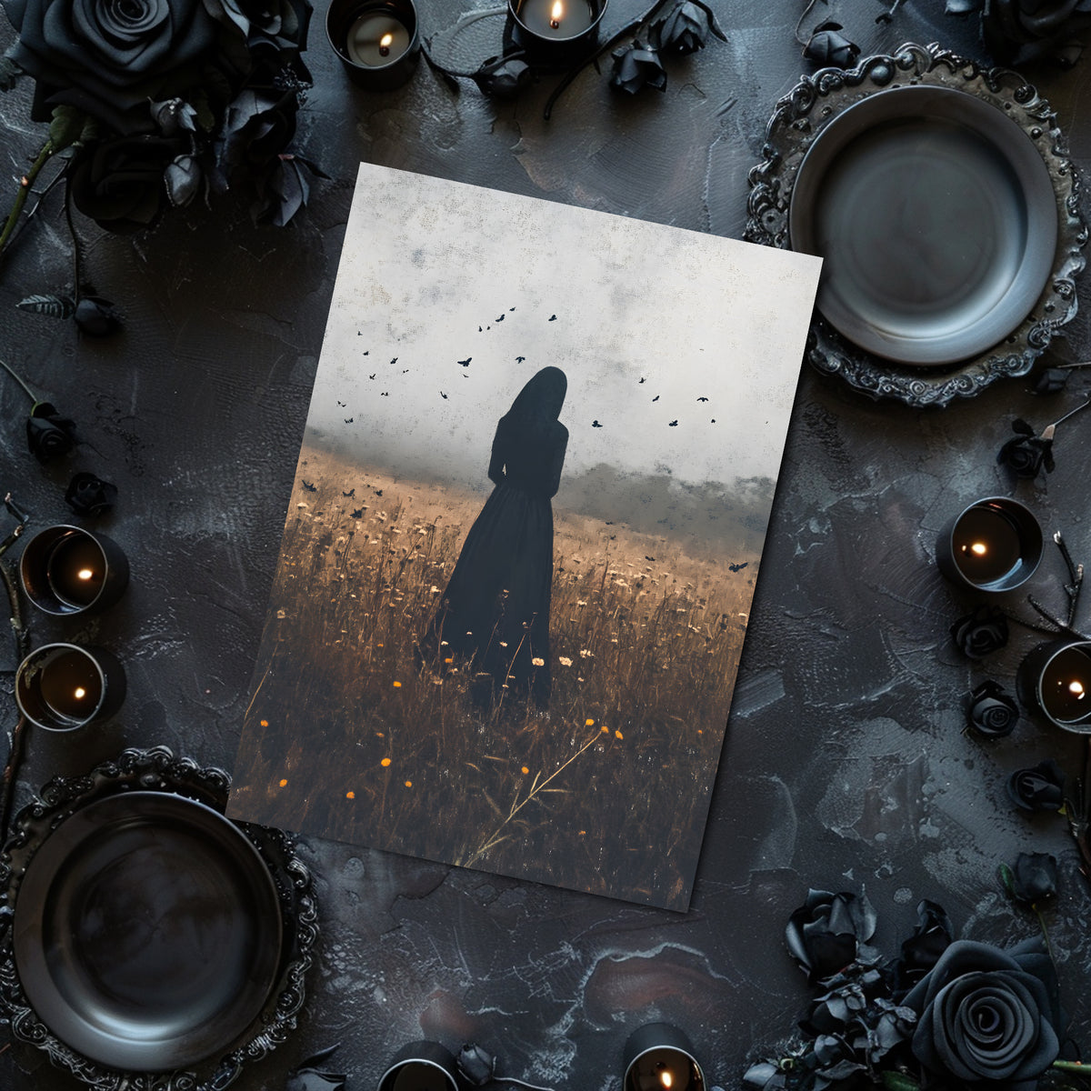Framed artwork of a silhouette of woman in the black in a autumn field with birds, displayed on a dark wall.