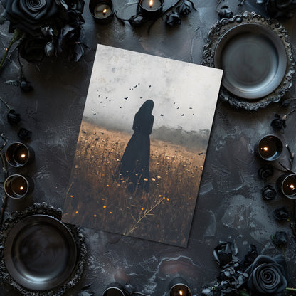 Framed artwork of a silhouette of woman in the black in a autumn field with birds, displayed on a dark wall.