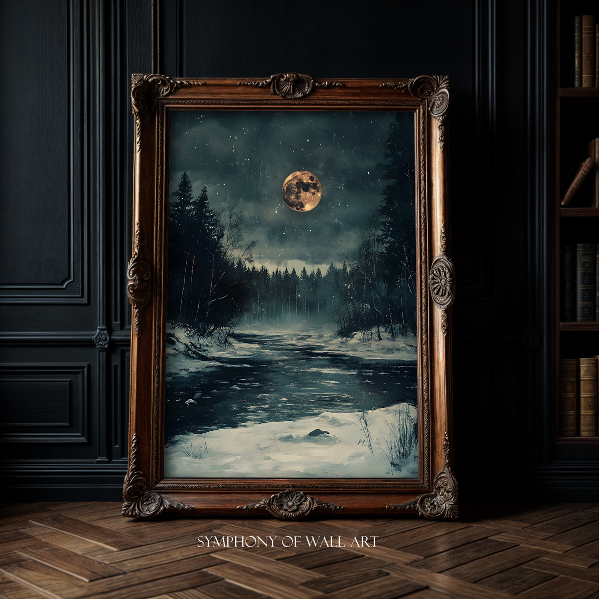 Framed artwork of a moonlit forest scene on a dark wall.