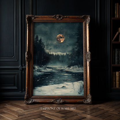 Framed artwork of a moonlit forest scene on a dark wall.