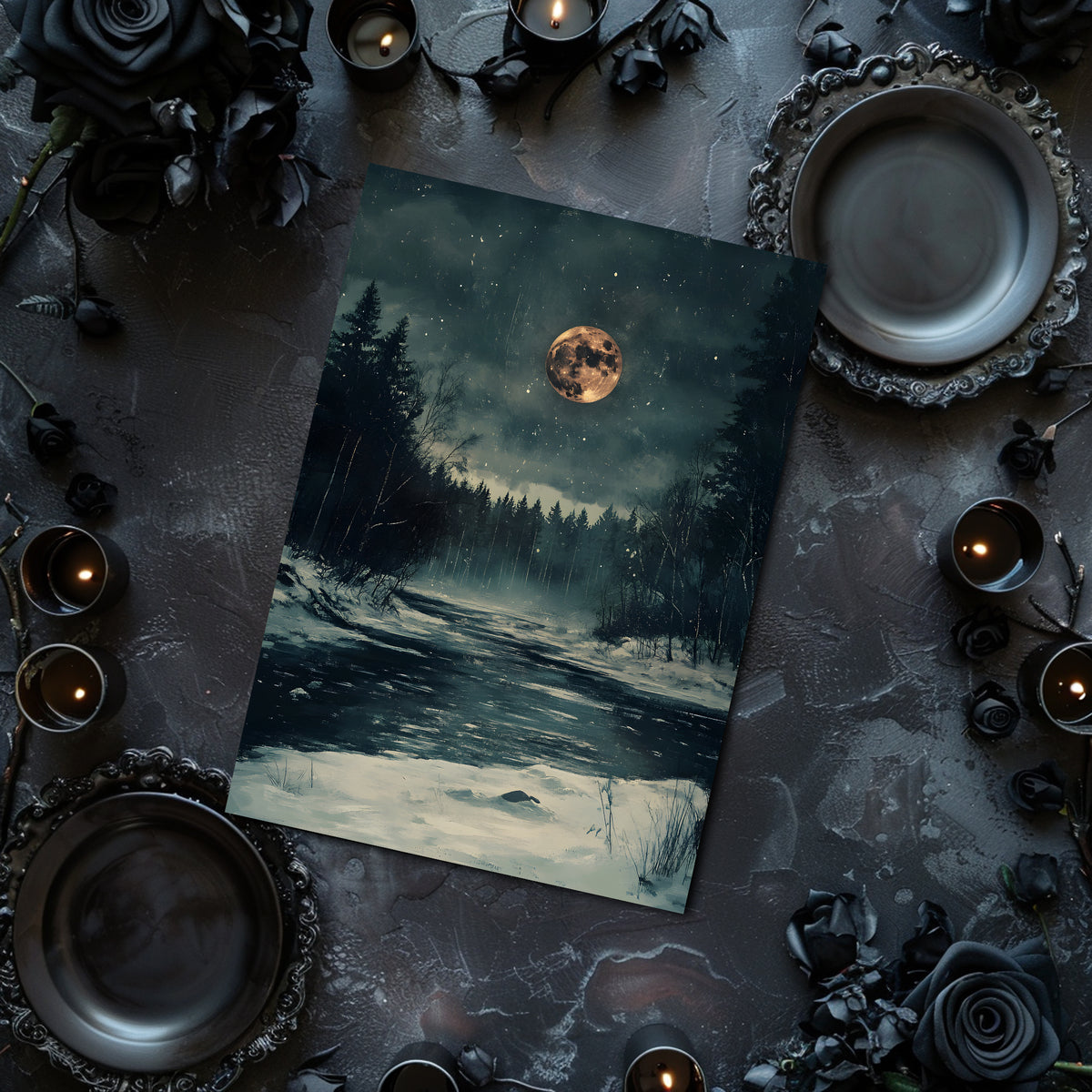 Framed artwork of a moonlit forest scene on a dark surface with candles and roses.