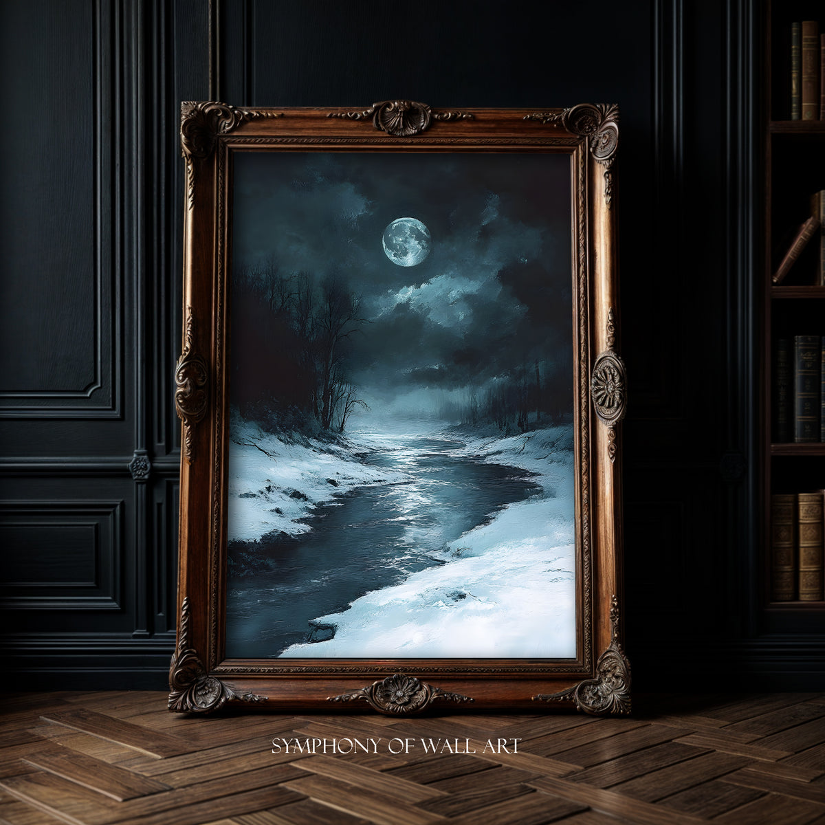Framed artwork of a moonlit snowy landscape on a dark wall.
