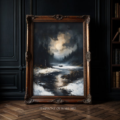 Framed painting of a moonlit landscape with a river and trees, displayed in a room with dark walls and wooden floor.
