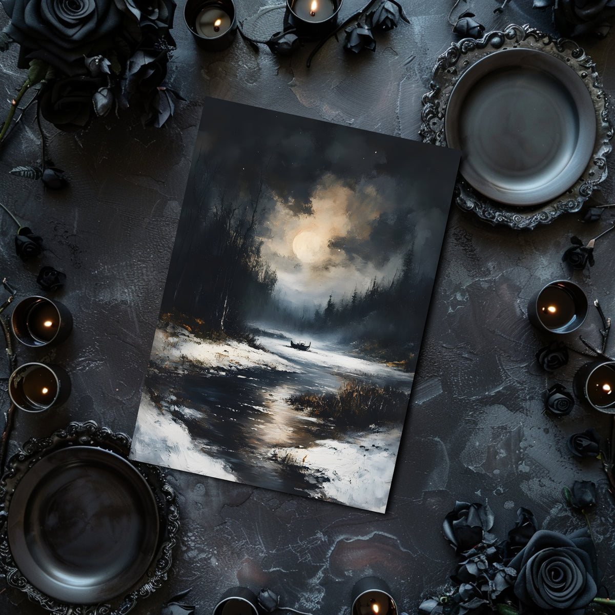 Artistic depiction of a snowy landscape with a boat, surrounded by candles and decorative elements on a dark surface.