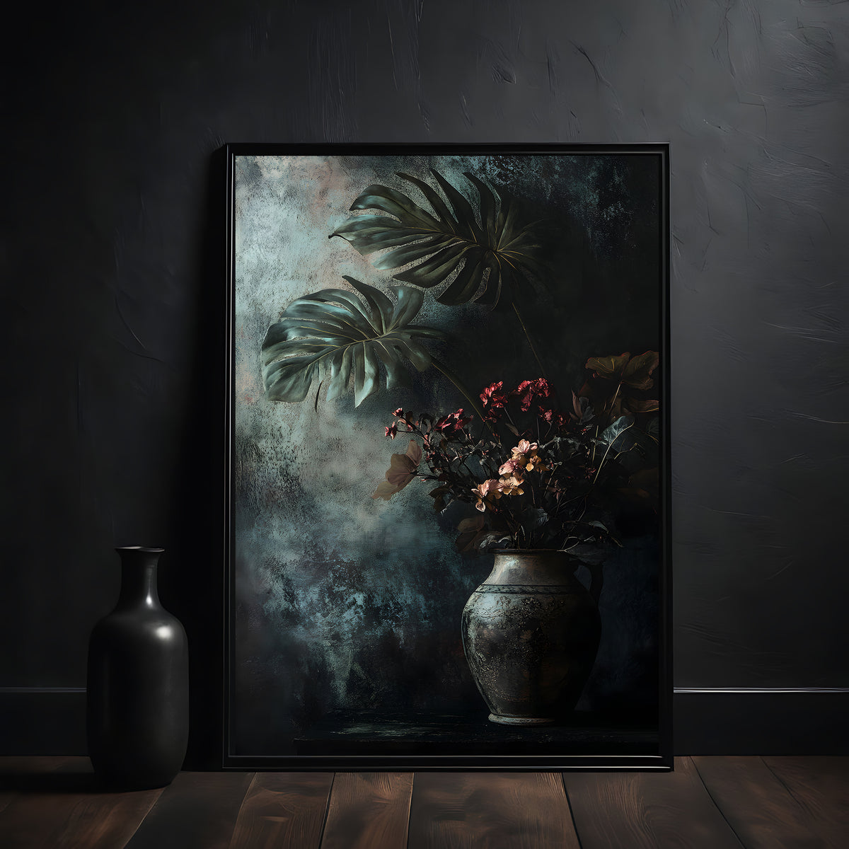 Framed artwork with tropical leaves and flowers on a dark wall