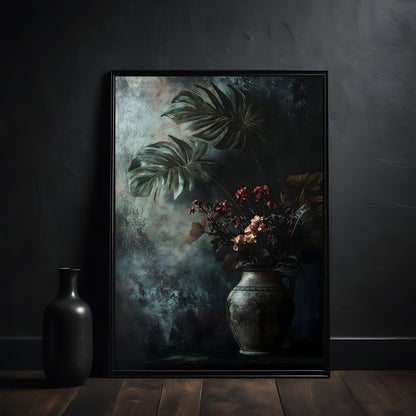 Framed artwork with tropical leaves and flowers on a dark wall