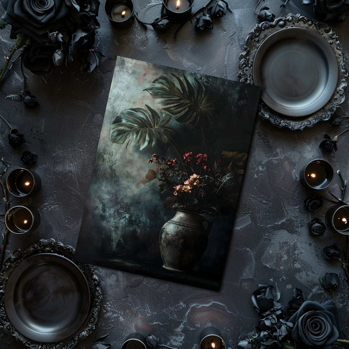 Dark-themed table setting with candles, a vase, and decorative elements on a textured surface.