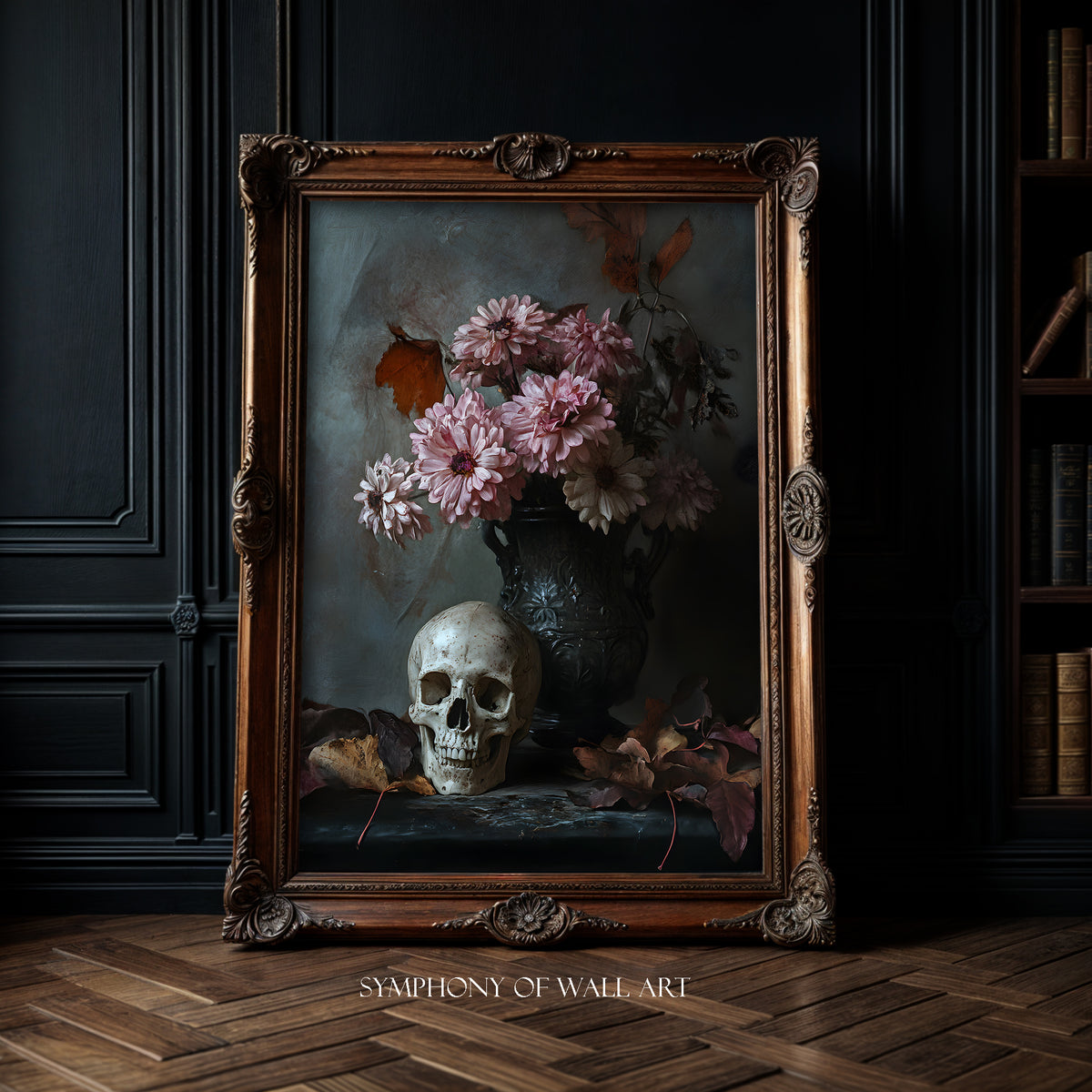 Framed artwork with a skull and flowers on a dark background, labeled 'Symphony of Wall Art'.