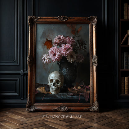 Framed artwork with a skull and flowers on a dark background, labeled 'Symphony of Wall Art'.