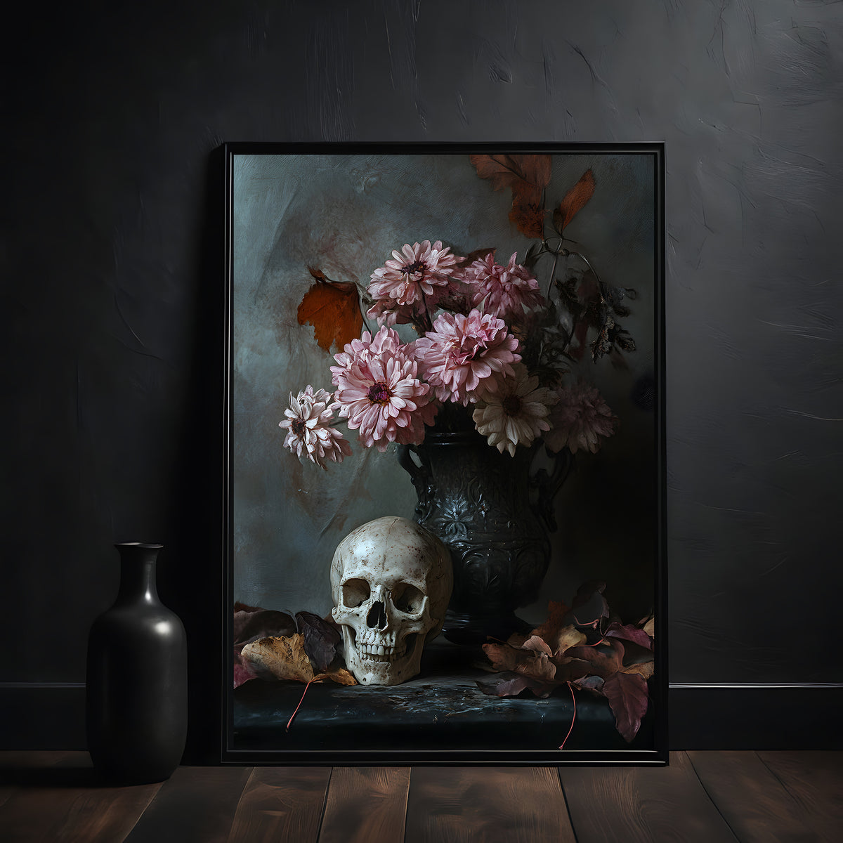 Framed artwork of a skull and pink flowers on a dark surface