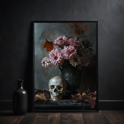 Framed artwork of a skull and pink flowers on a dark surface