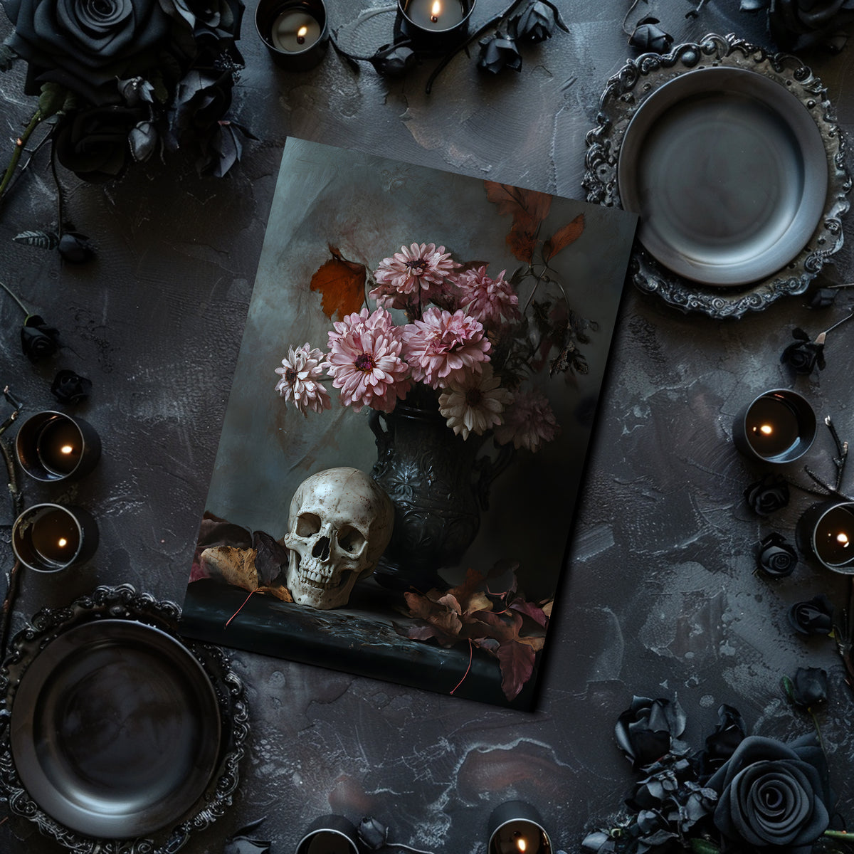 Gothic still life arrangement with skull, pink flowers, and candles on a dark surface.