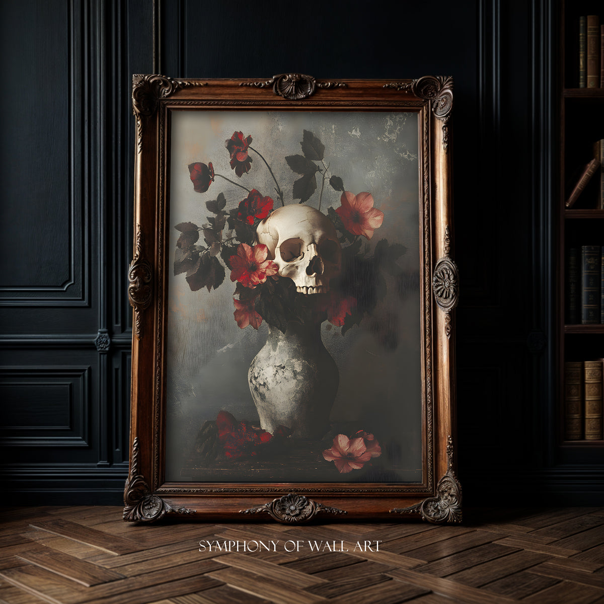 Framed artwork of a skull and flowers on a dark wall with 'Symphony of Wall Art' branding.