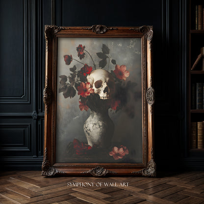 Framed artwork of a skull and flowers on a dark wall with 'Symphony of Wall Art' branding.