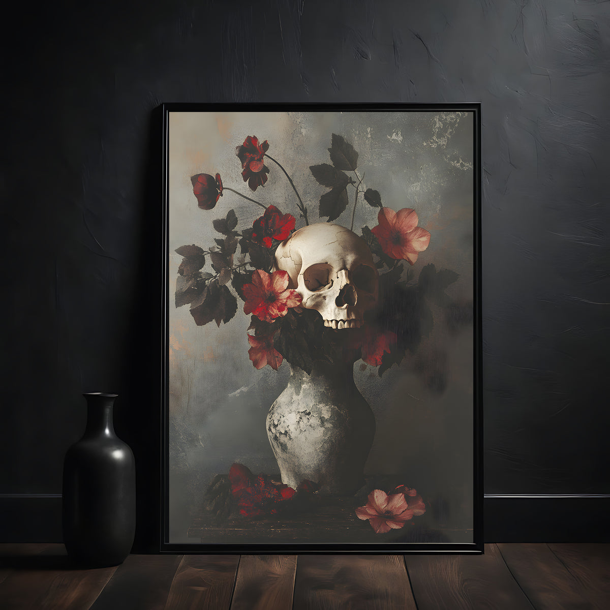 Framed artwork of a skull and red flowers on a dark wall with a black vase.