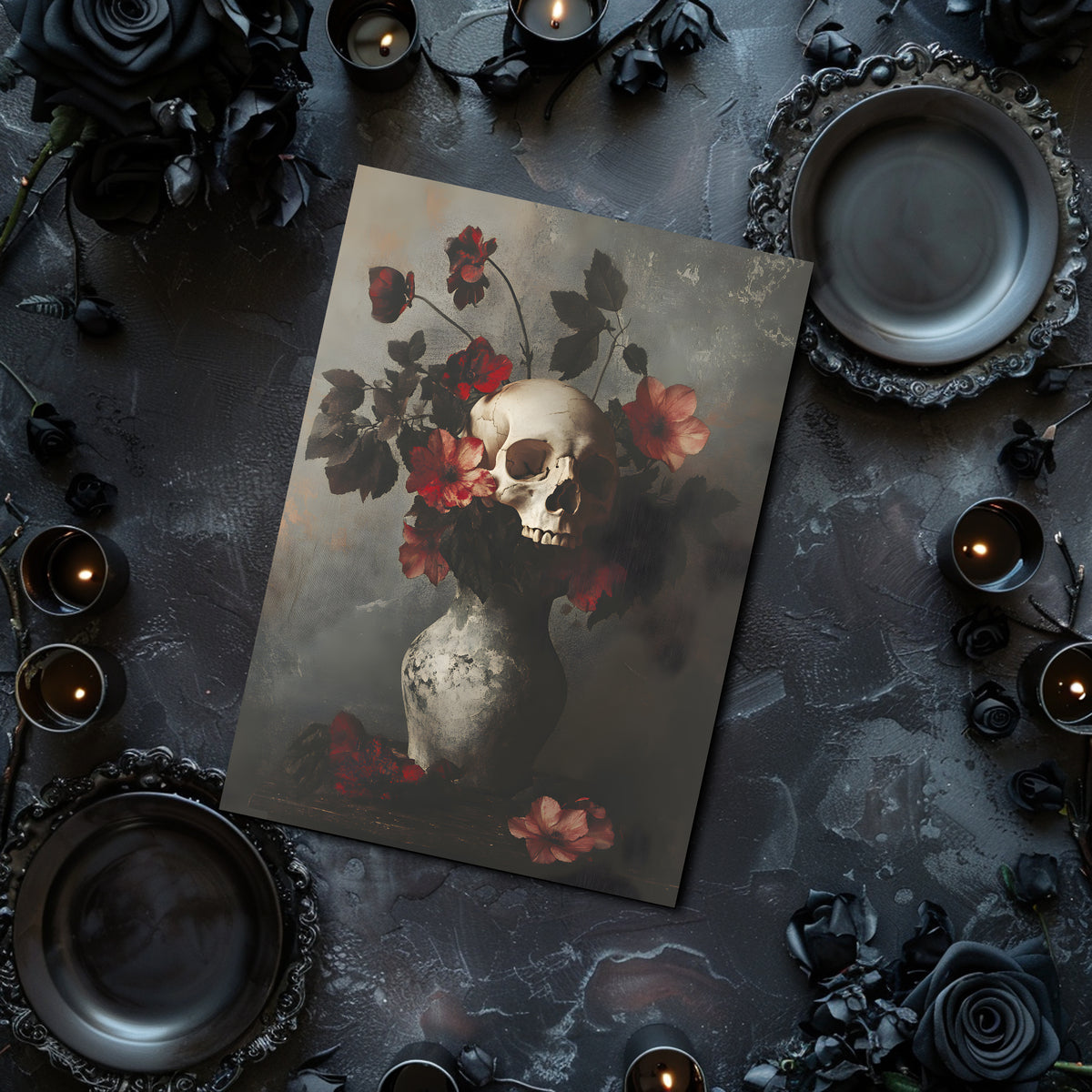 Art print of a skull and flowers on a dark surface with candles and decorative elements.