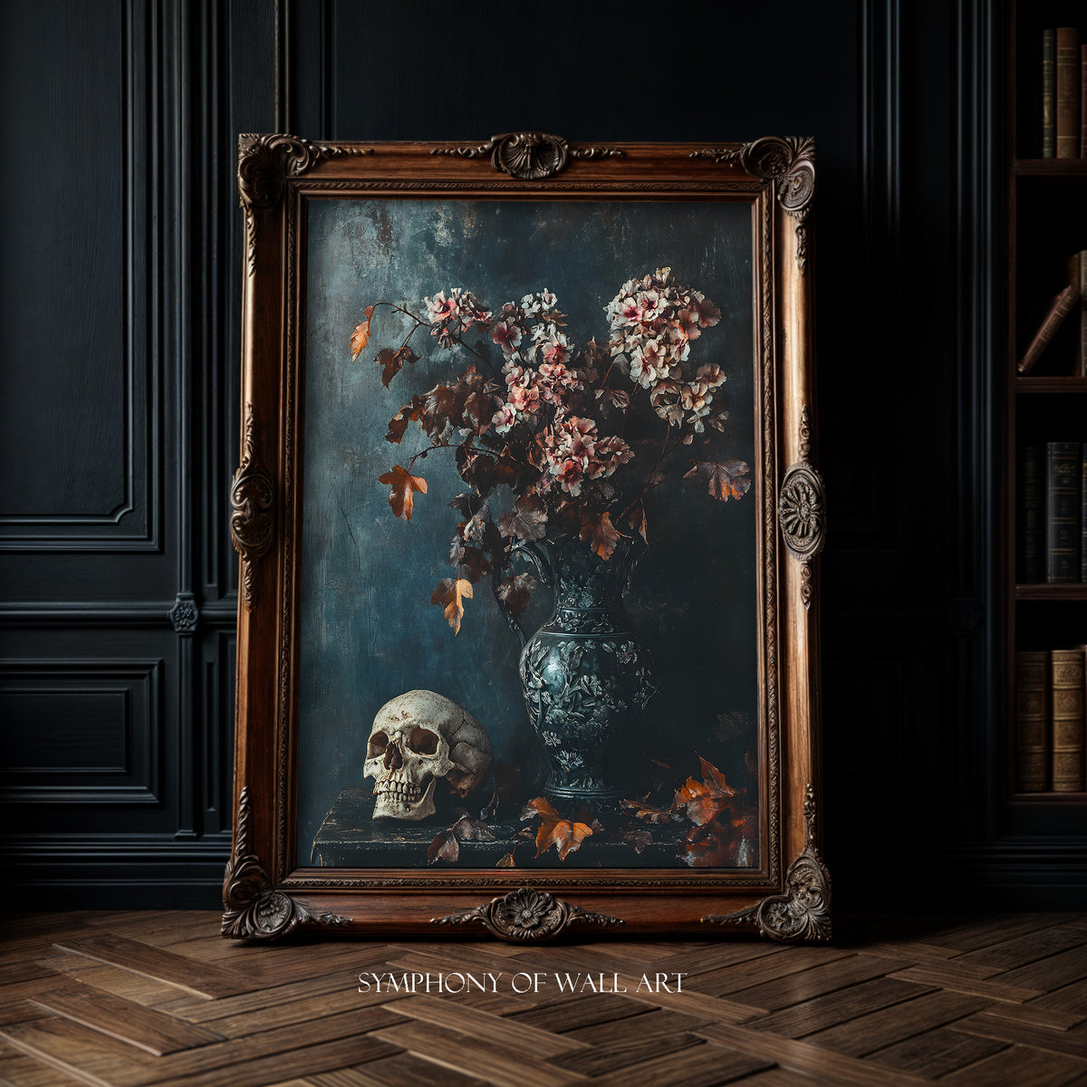 skull and dried flowers in the vase victorian style wall art print in the golden frame